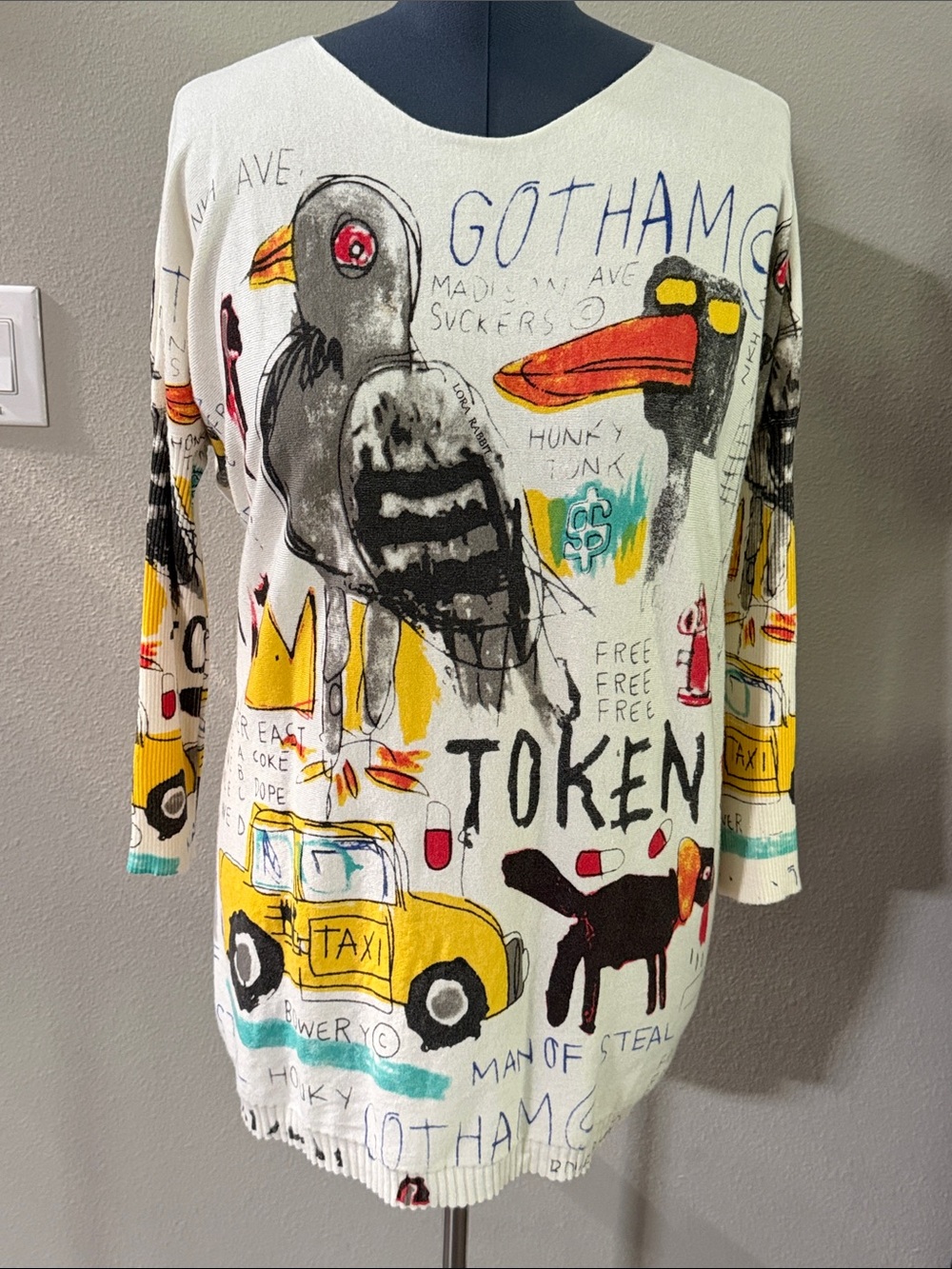 Women’s Cream Graphic Long Sleeve Sweater with Yellow Taxi & Bird Print